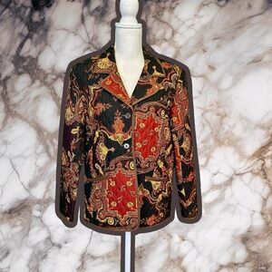 Coldwater Creek Red & Brown Brocade Paisley Quilted Silk Barn Coat / Blazer M